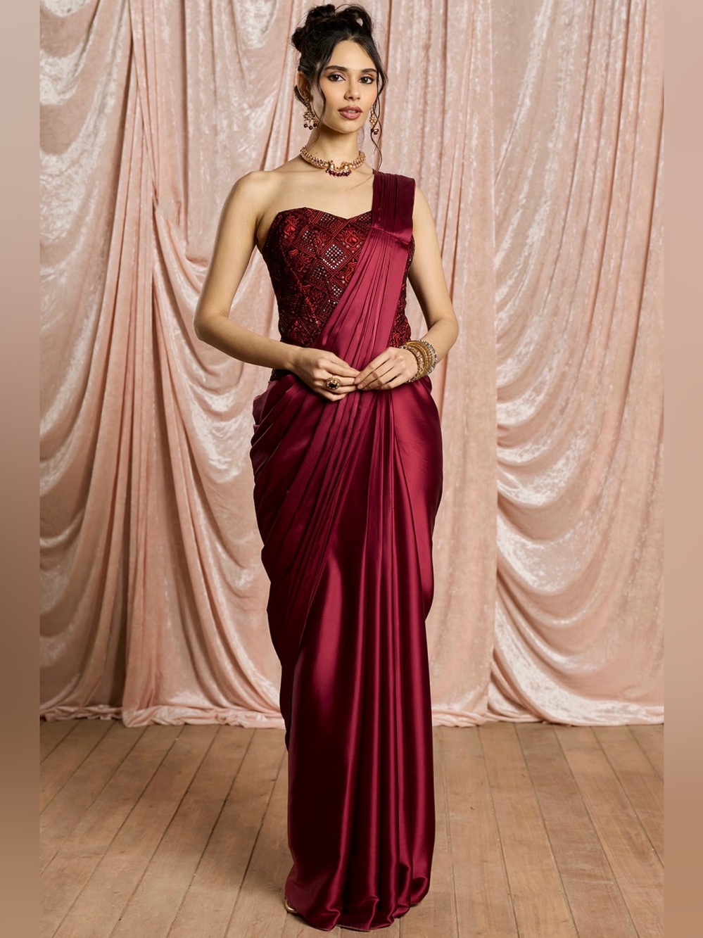 Saanjh by Lea Burgundy Satin Pre-Draped Saree Set size XL